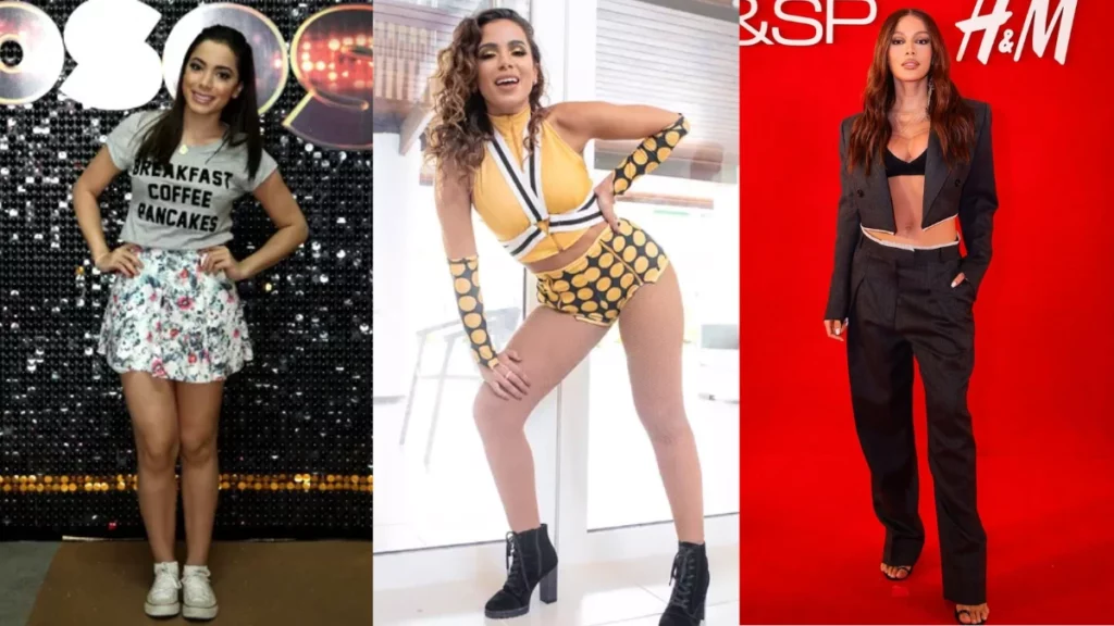 Antes e depois da Anitta: veja todas as mudanças 1 Montagem do antes e depois da Anitta em três momentos, com looks casuais, figurino de palco e roupa social preta.