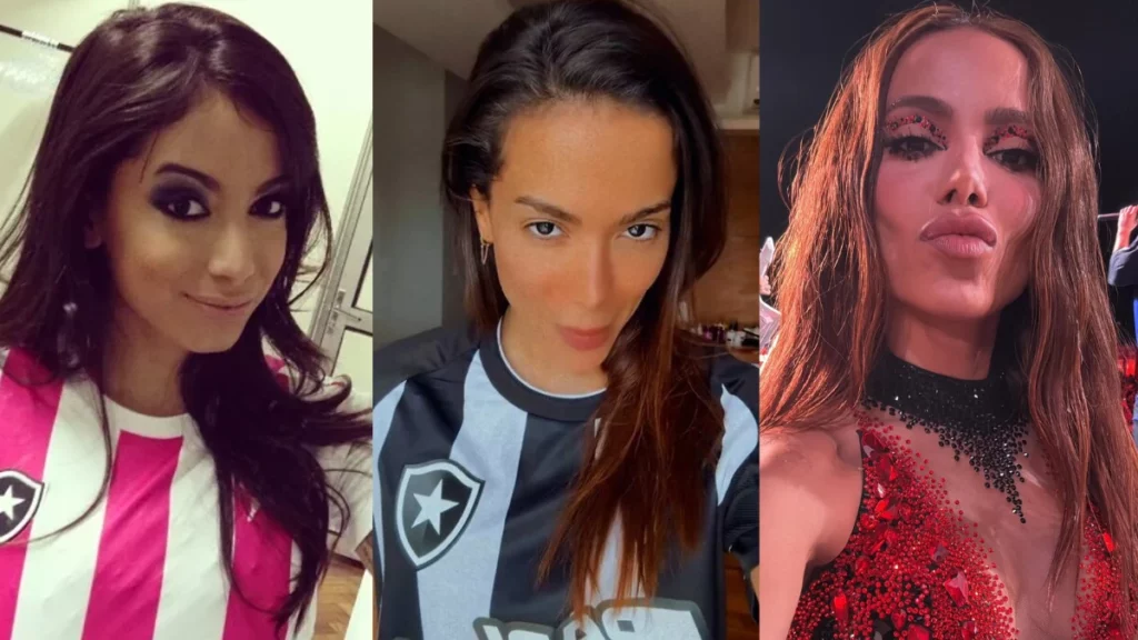 Antes e depois da Anitta: veja todas as mudanças Comparação do antes e depois da Anitta em selfies antigas e foto recente com maquiagem brilhante e figurino vermelho.