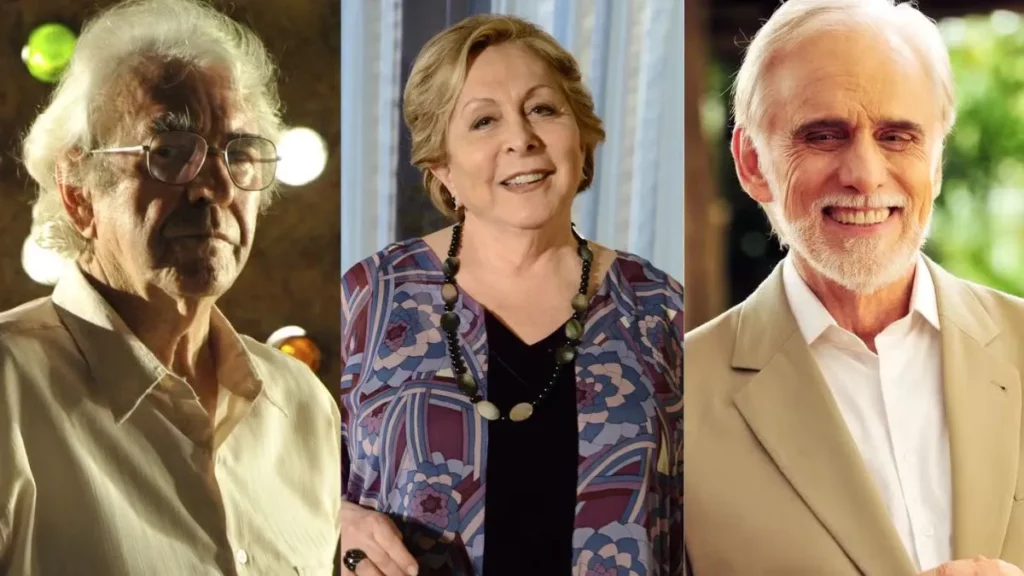 Atores da Globo que morreram recentemente: quem eram, trajetórias e principais obras Montagem com três atores da globo que morreram recentemente em retratos separados, com roupas claras e expressões diferentes.