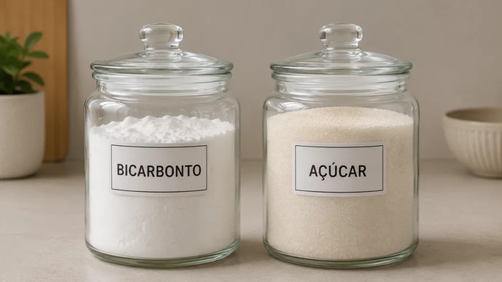 Potes de vidro com bicarbonato com açúcar identificados por etiquetas sobre bancada de cozinha clara.