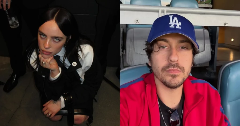 Billie Eilish posa agarradinha com namorado em aparição rara; confira Montagem mostra Billie Eilish em registro de bastidor e Nat Wolff usando boné azul do Los Angeles Dodgers em estádio