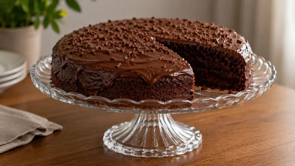 Foto de um bolo de chocolate feito em uma travessa.