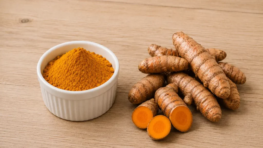 Tigela com cúrcuma em pó e raízes frescas sobre mesa de madeira, usadas no preparo de chá de cúrcuma.