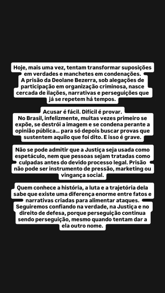 Irmã de Deolane Bezerra contesta prisão e cobra provas: 'Difícil é provar' 1 Publicação atribuída a Daniele Bezerra traz texto em defesa de Deolane Bezerra após ordem de prisão e critica exposição pública do caso