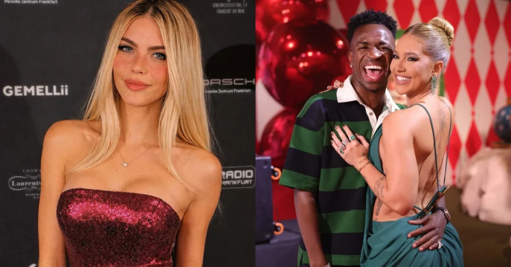 Day Magalhães posa em evento ao lado de montagem com Vini Jr. e Virginia Fonseca sorrindo juntos em festa