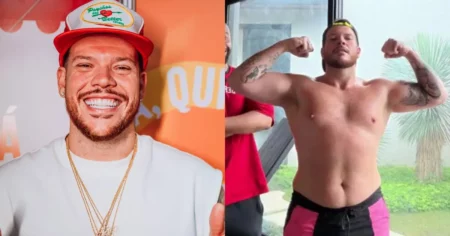 Ferrugem surge sem camisa após perder 45 kg e transformação impressiona fãs; veja Montagem mostra Ferrugem sorrindo de boné e, ao lado, exibindo o físico sem camisa após emagrecimento.