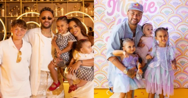 Foto de Neymar com suas 3 filhas e também com o filho.