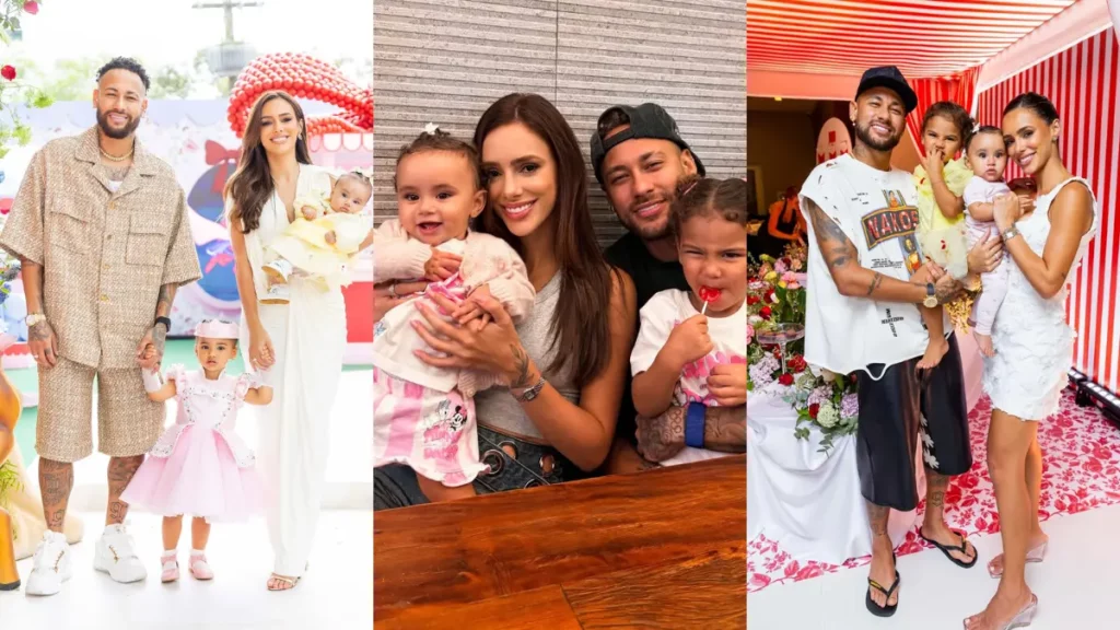 Neymar traiu Bruna Biancardi? Entenda a polêmica e a história do casal 4 Montagem com fotos de Neymar e Bruna Biancardi ao lado das filhas Mavie e Mel em momentos em família durante eventos e comemorações.
