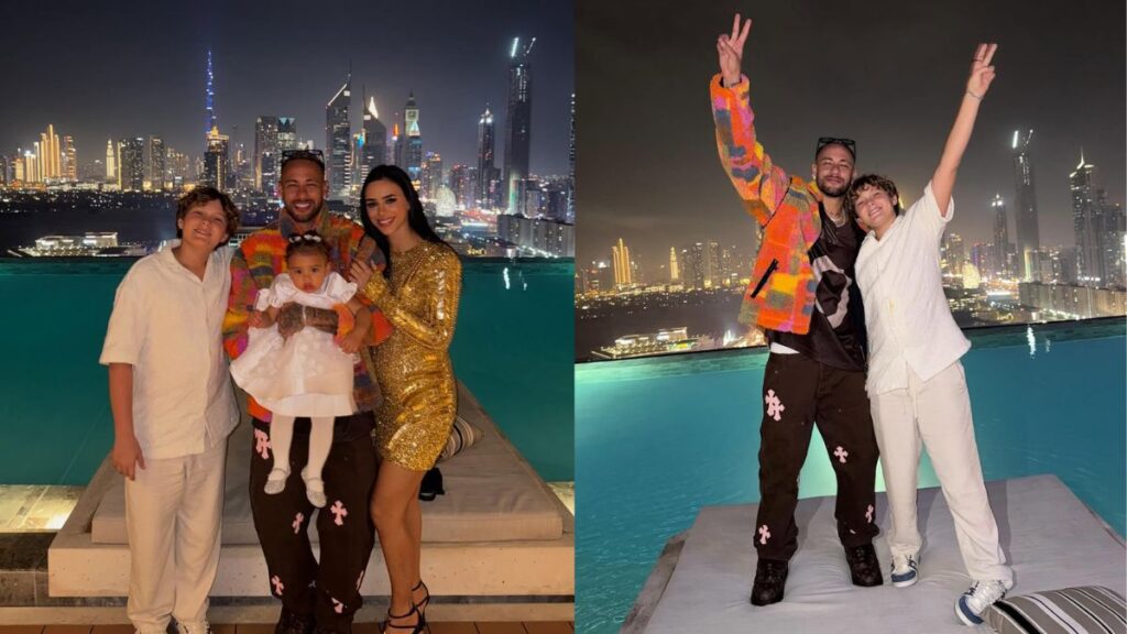 Montagem com Neymar e família durante ano novo em Dubai.