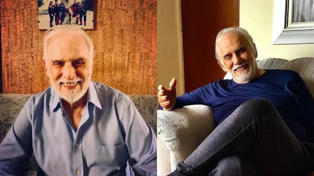 Atores da Globo que morreram recentemente: quem eram, trajetórias e principais obras 5 Montagem com Francisco Cuoco, homem idoso de barba branca sorrindo, em duas fotos, sentado em ambientes internos diferentes.