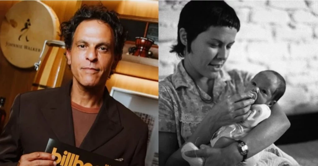 João Marcello Bôscoli segurando revista à esquerda e Elis Regina segurando um bebê em foto em preto e branco à direita