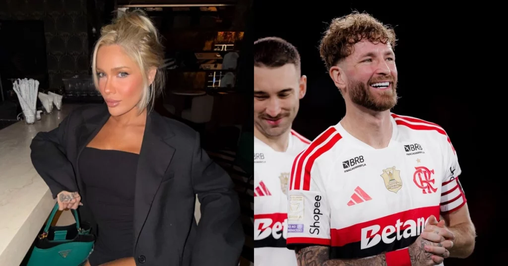 Karoline Lima posa com look preto em montagem ao lado de Léo Pereira sorrindo com camisa do Flamengo