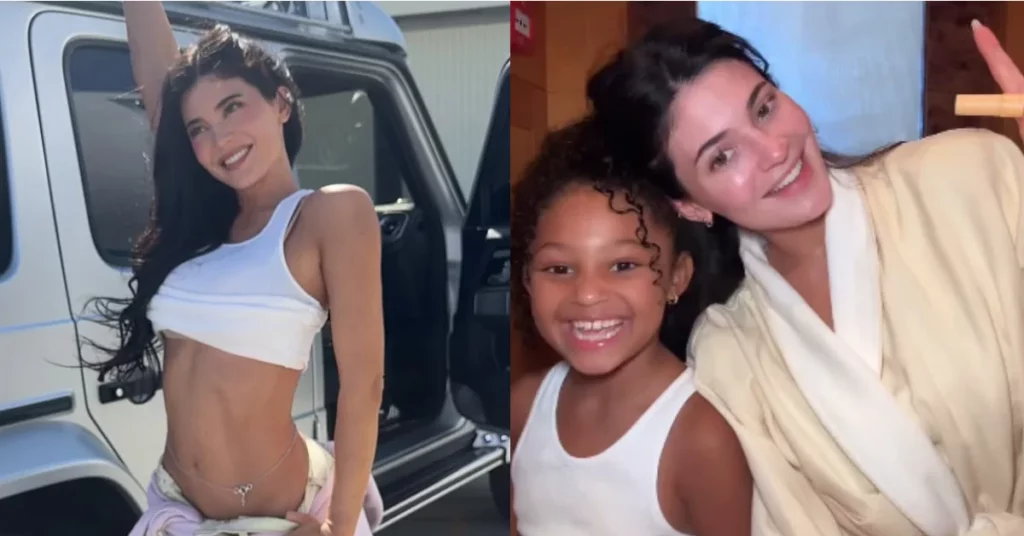 Montagem mostra Kylie Jenner posando ao lado de veículo e sorrindo com a filha em ambiente interno