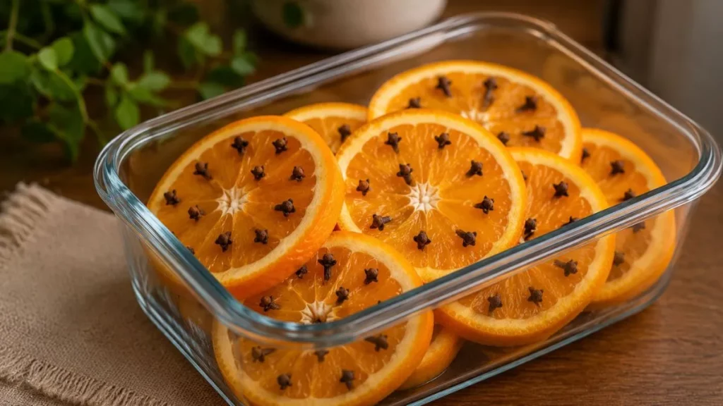 uma travessa cheia de laranja com cravo