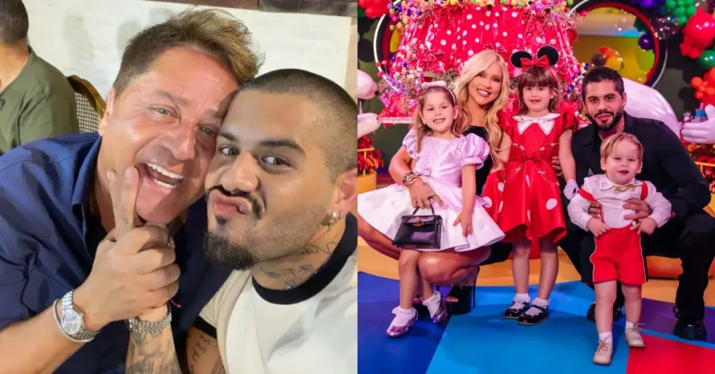 Leonardo falta à festa da neta e ausência em fotos da família vira assunto Montagem mostra Leonardo ao lado de Zé Felipe e, ao lado, Virginia Fonseca com os filhos durante a festa de 5 anos de Maria Alice.