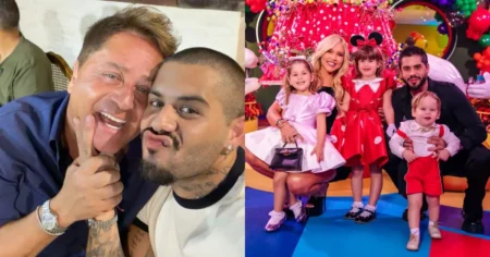Leonardo falta à festa da neta e ausência em fotos da família vira assunto Montagem mostra Leonardo ao lado de Zé Felipe e, ao lado, Virginia Fonseca com os filhos durante a festa de 5 anos de Maria Alice.