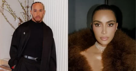 Montagem com Lewis Hamilton usando roupa preta e Kim Kardashian em close com casaco de pele escuro; casal foi visto em jantar com familiares em Los Angeles.