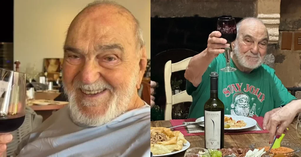 Lima Duarte aparece sorrindo em montagem com duas fotos, em uma delas segurando uma taça de vinho durante refeição