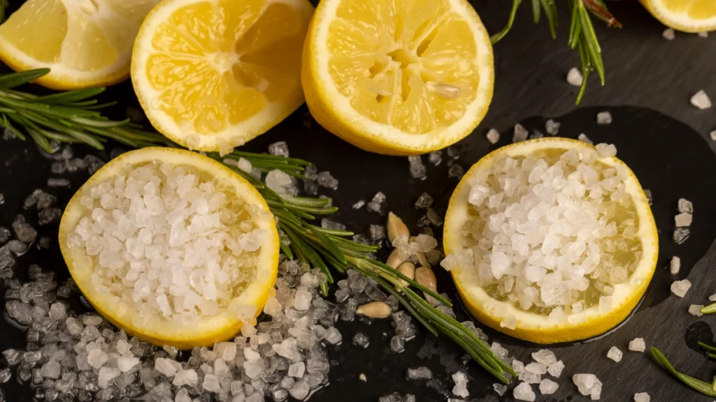 Casca de limão com sal: mistura simples ganha espaço na limpeza da casa Metades de limão recheadas com sal grosso sobre superfície escura ao lado de ervas aromáticas.