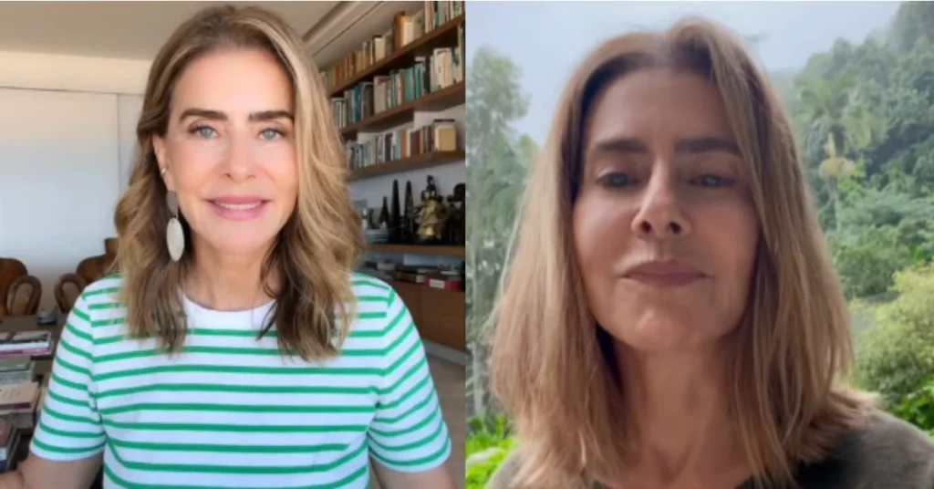Montagem mostra Maitê Proença em ambiente interno com estante de livros e, ao lado, gravando vídeo ao ar livre cercada por vegetação.