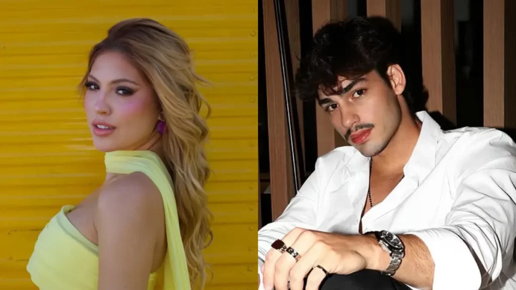 Mari Menezes, mulher de vestido amarelo, posa diante de fundo amarelo ao lado de DJ Ulisses, homem de camisa branca, em ambiente interno.