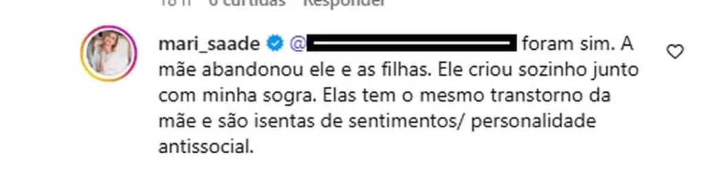 Captura de tela mostra comentário publicado por Marilene Saade em rede social durante discussão sobre disputa familiar envolvendo Stênio Garcia