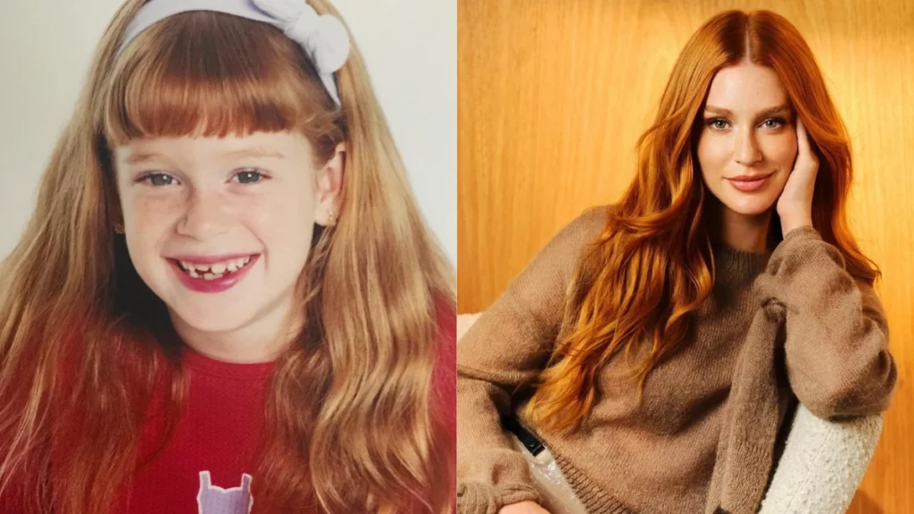 Comparação de marina ruy barbosa antes e depois mostrando a atriz na infância e na fase adulta com o característico cabelo ruivo.