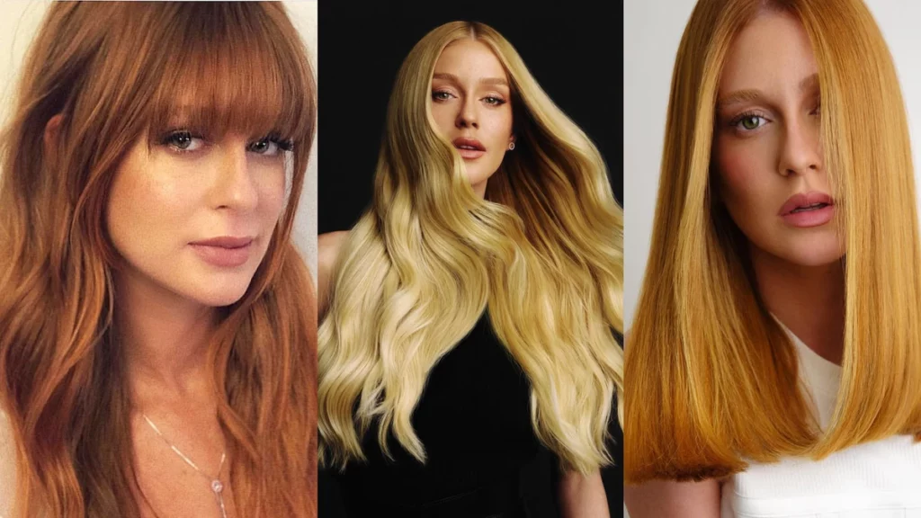 Mudanças no cabelo de marina ruy barbosa antes e depois, mostrando diferentes fases da atriz com visual ruivo e loiro ao longo da carreira.