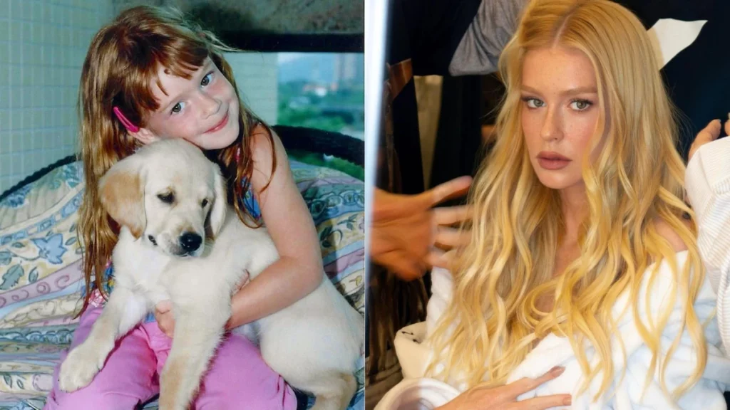 Comparação de marina ruy barbosa antes e depois mostrando a atriz na infância ao lado de um cachorro e na fase adulta com visual loiro sofisticado.