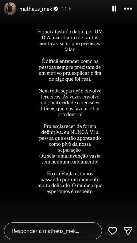 Story de Matheus Aleixo no Instagram com texto em fundo preto negando envolvimento de terceiros após separação de Paula Aires