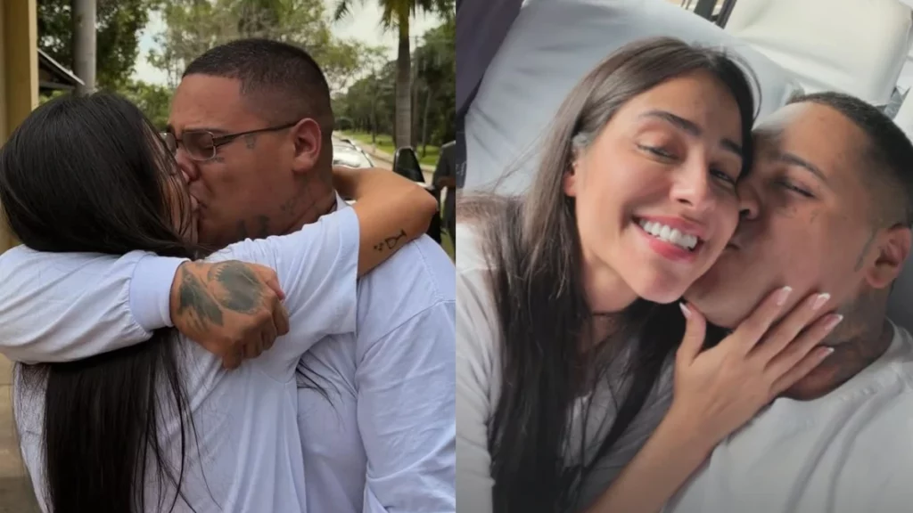 MC Ryan SP e Gi Roque se abraçam e trocam beijos em fotos tiradas ao ar livre e em ambiente interno.