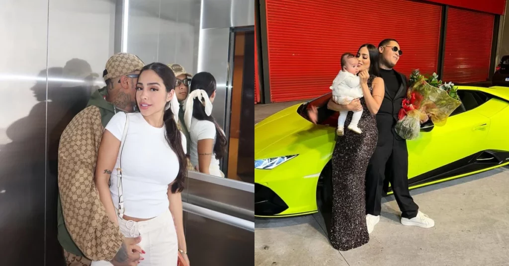 MC Ryan SP aparece ao lado de Giovanna Roque em dois registros do casal, incluindo foto com a filha Zoe e buquê de flores