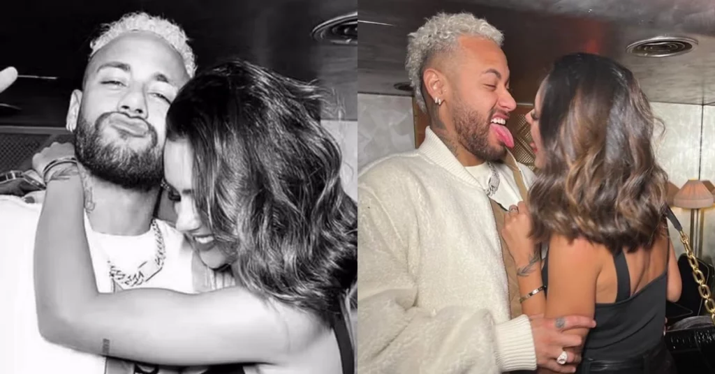 Neymar e Bruna Biancardi aparecem abraçados em montagem com registros feitos no início do namoro do casal em Paris