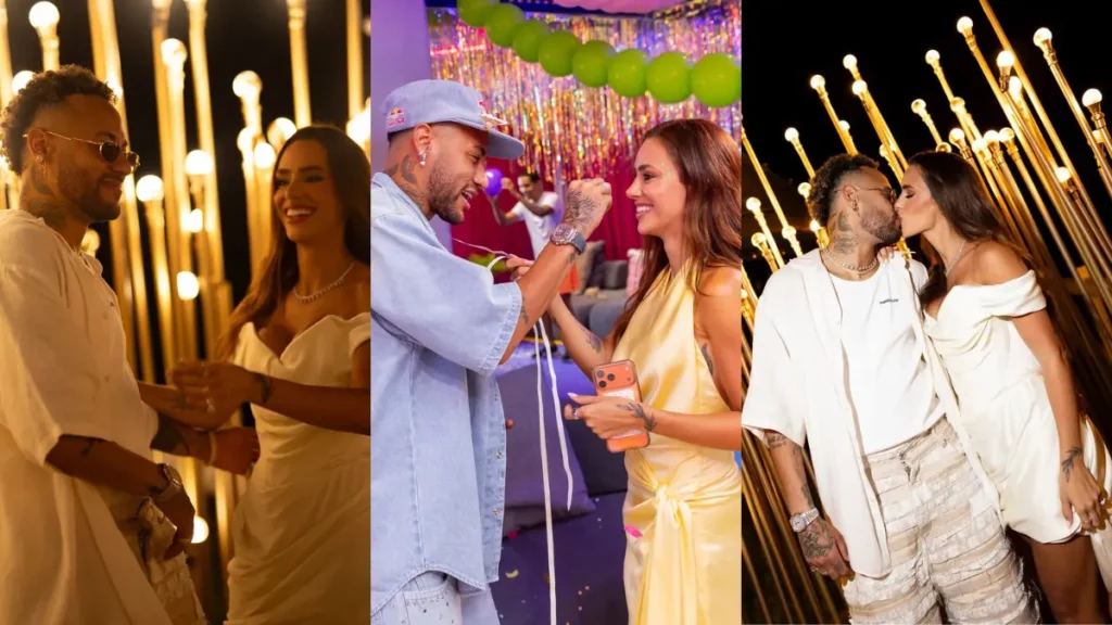 Neymar traiu Bruna Biancardi? Entenda a polêmica e a história do casal 3 Montagem com fotos de Neymar e Bruna Biancardi juntos em eventos noturnos, trocando carinho, conversando e se beijando durante festas e celebrações.