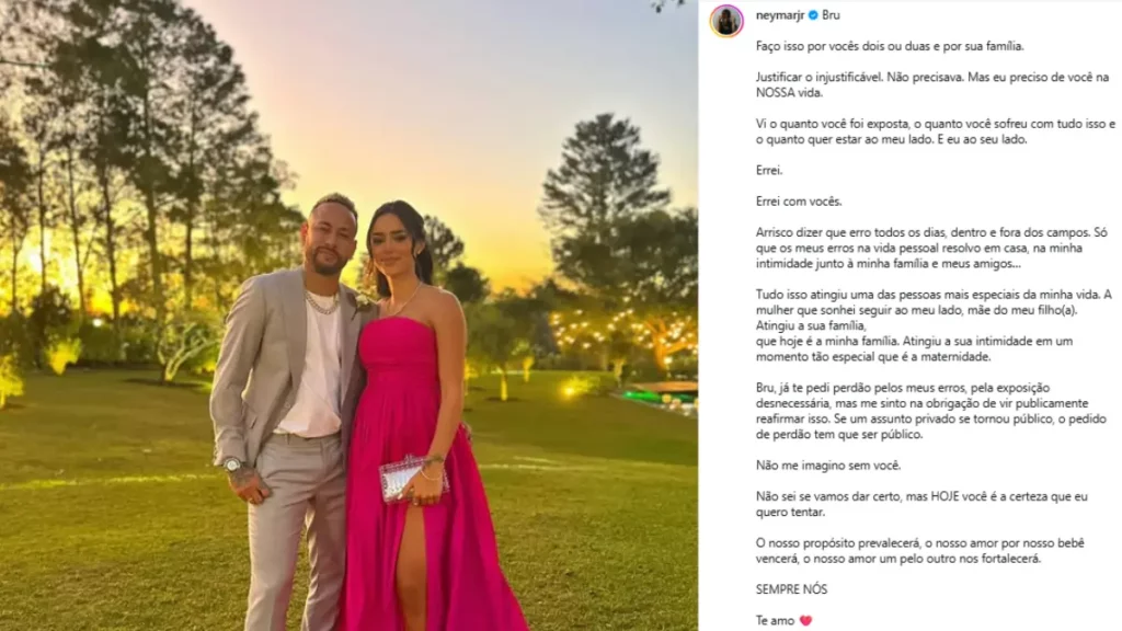 Neymar traiu Bruna Biancardi? Entenda a polêmica e a história do casal 1 Neymar e Bruna Biancardi posam juntos em um gramado durante o pôr do sol. Ao lado da foto, aparece um texto publicado por Neymar no Instagram pedindo desculpas públicas à influenciadora.