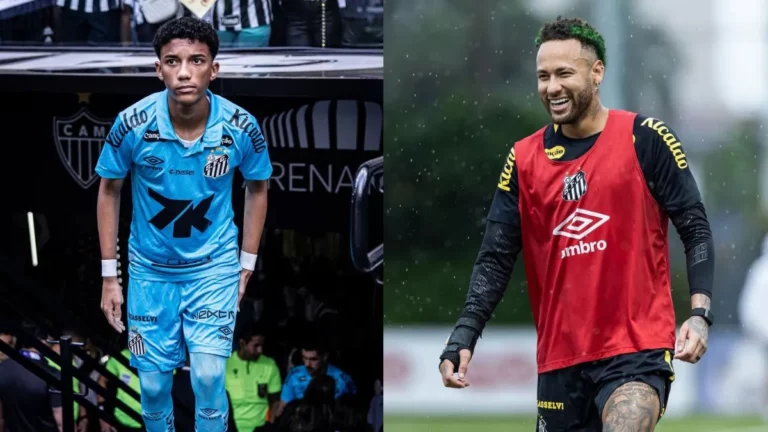 Neymar e Robinho Jr: entenda o caso envolvendo os atletas Neymar e Robinho Jr.. Jogador jovem do Santos em uniforme azul ao lado do craque sorrindo durante treino sob chuva leve.