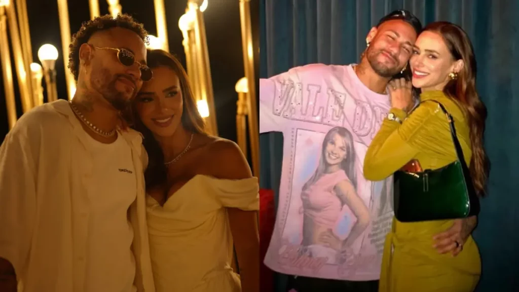 Neymar traiu Bruna Biancardi? Entenda a polêmica e a história do casal Montagem com duas fotos de Neymar e Bruna Biancardi juntos em eventos. A imagem ilustra o relacionamento do casal em meio às buscas por “Neymar traiu Bruna Biancardi”.