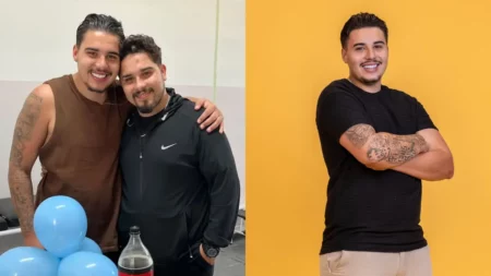 Montagem mostra Pedro do BBB 26 e o irmão João Gilberto, dois homens abraçados, em ambiente interno e retrato de Pedro tatuado diante de fundo amarelo.