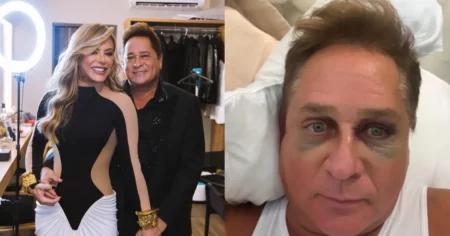 Poliana Rocha relata recuperação de Leonardo após acidente; confira Poliana Rocha e Leonardo em registro juntos ao lado de imagem do cantor com hematomas nos olhos após queda durante pescaria
