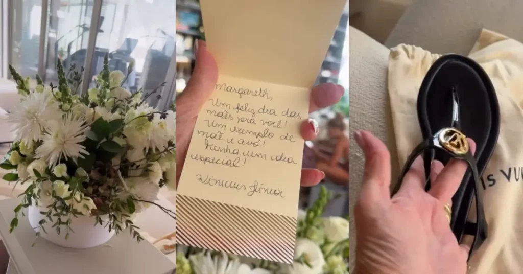 Flores, cartinha escrita à mão e sandália de luxo enviados por Vini Jr. para Margareth Serrão no Dia das Mães