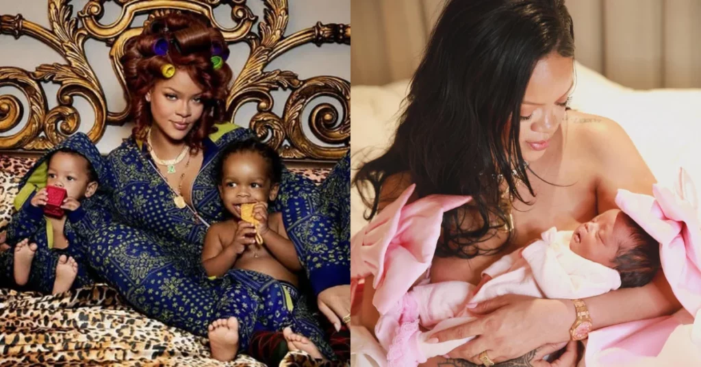 Rihanna aparece com os filhos RZA e Riot em montagem ao lado de registro com a filha Rocki recém-nascida