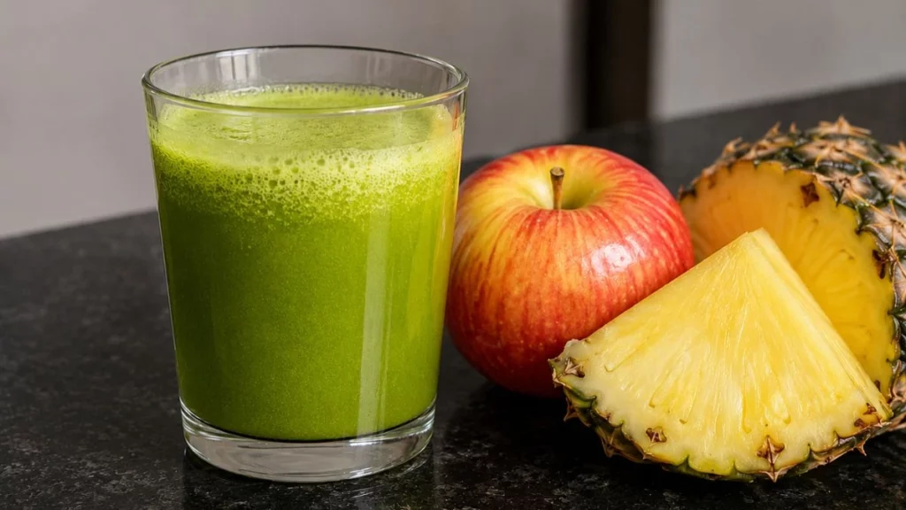 Suco verde com maçã e abacaxi: bebida refrescante para incluir na rotina Suco verde sobre bancada de pedra preta com maça e abacaxi ao lado.