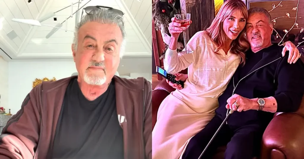 Montagem mostra Sylvester Stallone em selfie recente e ao lado da esposa Jennifer Flavin segurando uma bengala durante comemoração do aniversário de casamento.