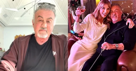 Sylvester Stallone surge de bengala em foto com esposa e detalhe preocupa fãs Montagem mostra Sylvester Stallone em selfie recente e ao lado da esposa Jennifer Flavin segurando uma bengala durante comemoração do aniversário de casamento.