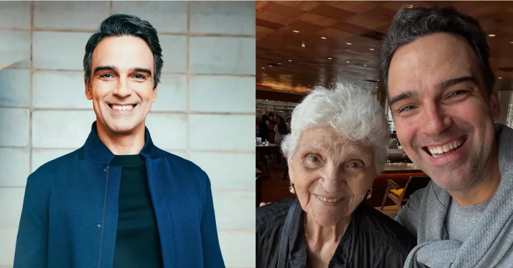 Tadeu Schmidt lamenta morte da mãe após perda recente do irmão: ‘nunca mais vou te ver’ Tadeu Schmidt em montagem com retrato individual e foto ao lado de Dona Janira durante encontro em família