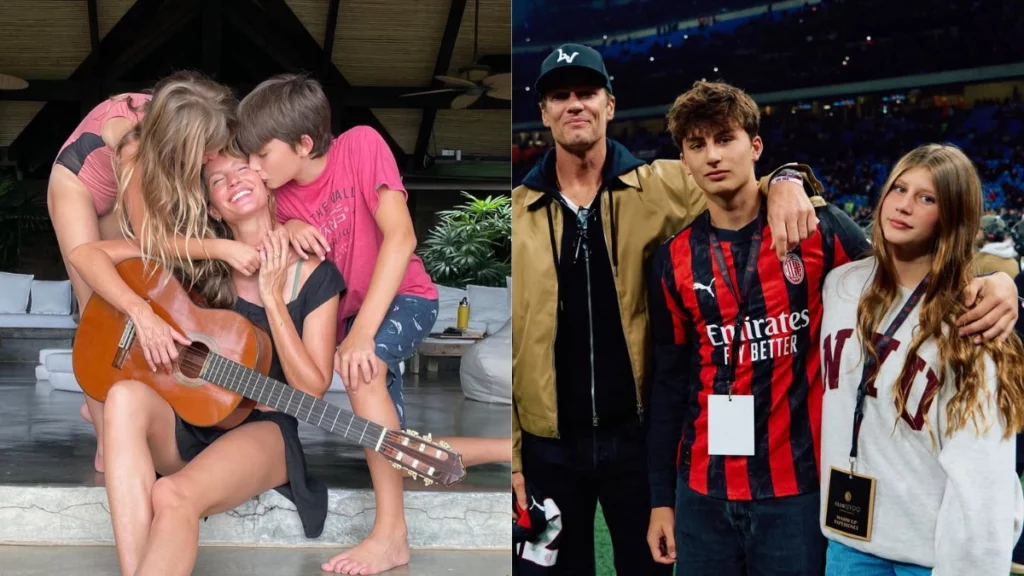 Montagem mostra família de Tom Brady e Gisele Bündchen em momento afetuoso com violão em casa e posando em estádio de futebol.