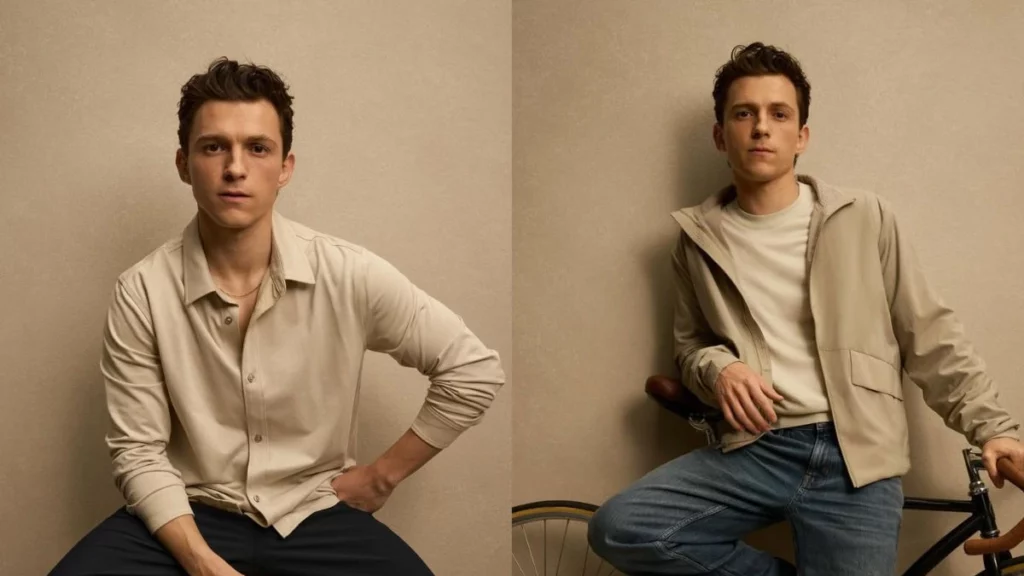 Tom Holland, homem jovem de pele clara, posa em fundo neutro, com camisa bege; ao lado, encostado em bicicleta com jaqueta clara e jeans.