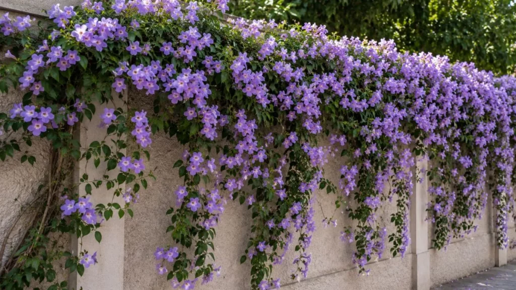 A trepadeira que floresce o ano todo e virou queridinha Foto de uma trepadeira florida em um muro.