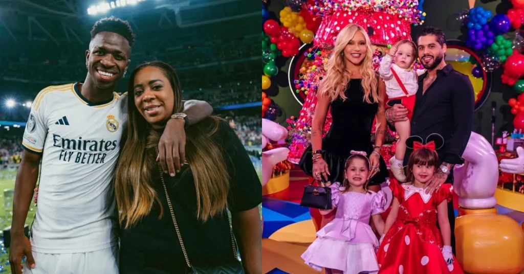 Vini Jr surge com a mãe em noite que reúne Virginia e Zé Felipe Montagem mostra Vini Jr ao lado da mãe, Fernanda Cristina, e Virginia Fonseca com Zé Felipe e os filhos em festa colorida