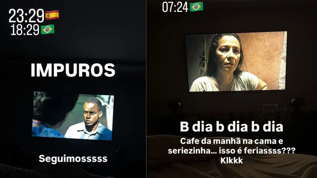 Virginia mostra madrugada com Vini Jr e detalhe surpreende; confira 1 Montagem com stories de virginia assistindo Impuros com Vini Jr.
